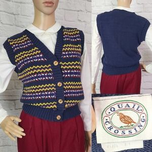 90s Blue Sweater Vest Button Front Navy Blue Academia Knit V Neck Size M/L